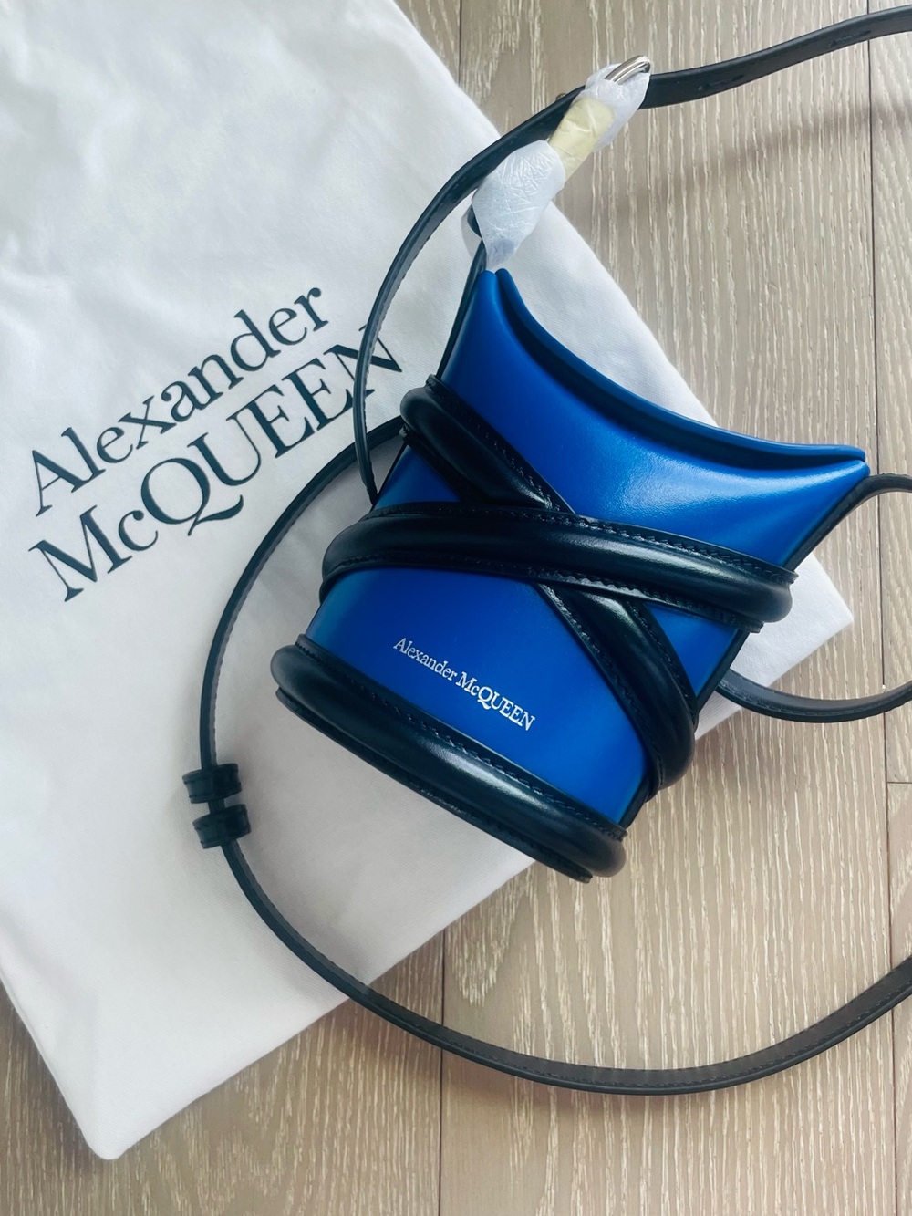 NWT Alexander McQueen Authentic Royal Blue with Black Wrap Mini Shoulder Bag